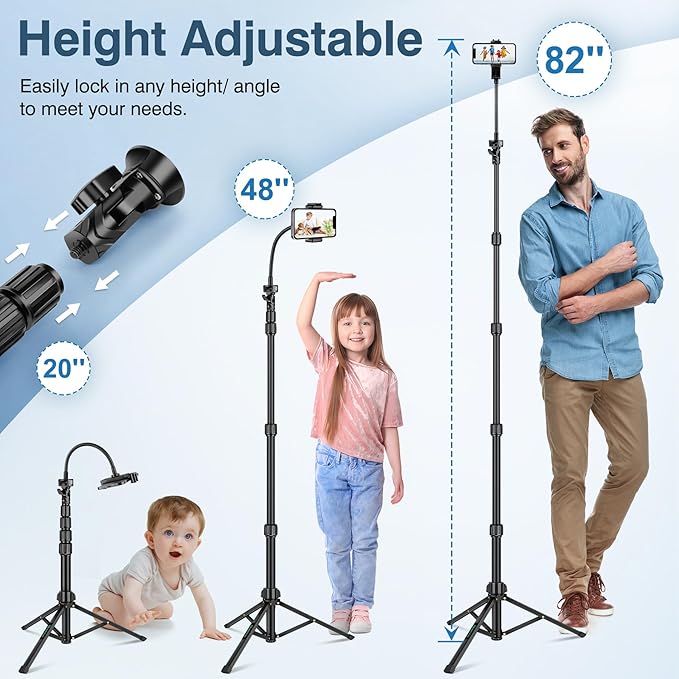 82" Tripod for iPhone,Phone Tripod Compatible with Smartphone/Camera/Gopro,Tall iPhoneTripod with 9.8" Gooseneck and Remote,Cell Phone Tripod Stand for Video Recording Selfies Vlogging