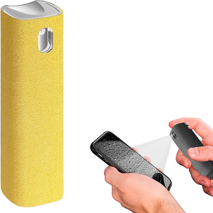 Mini Screen Cleaner Spray – Finger Proof Screen Cleaner for Smartphones, iPads, MacBooks, Laptops, Car Screens, Touchscreens – 3in1 Mist Cleaner, Microfiber Cloth and Protective Cover -Yellow