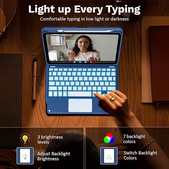 MoKo Touch Keyboard Case for iPad (A16) 11th Generation 11 inch 2025, iPad 10th Generation 10.9 inch Case with Pencil Holder, 7 Colors Backlit TrackPad Detachable Bluetooth Keyboard, Blue Starry Sky