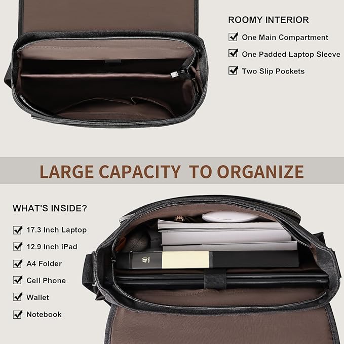 ESTARER Men's Messenger Bag 17.3 Inch Upgraded, Water-resistant Canvas Laptop Bag, Computer Shoulder Bag for College Travel Work, Dark Grey
