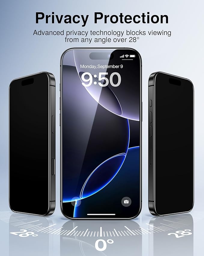 SMARTDEVIL 2 Pack for iPhone 16 Pro Privacy Screen Protector, Military Grade Shatterproof, 9H Hardness, Anti-Spy Tempered Glass, Fast & Easy Instlltion, Case Friendly