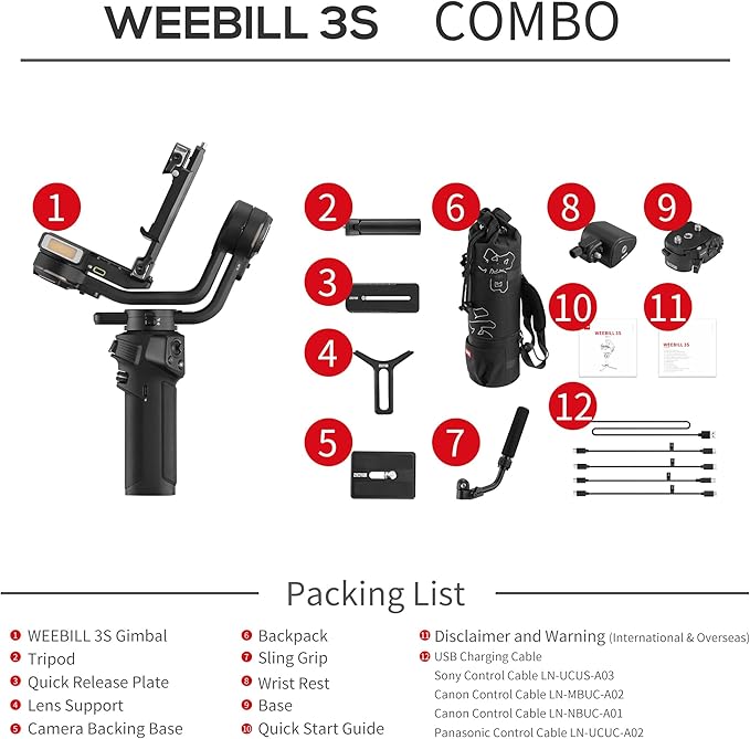 ZHIYUN Weebill 3S Combo Gimbal Stabilizer for DSLR and Mirrorless Camera Canon/Nikon/Sony/Panasonic/Fujifilm, Native Vertical Shooting,Extendable Sling Grip