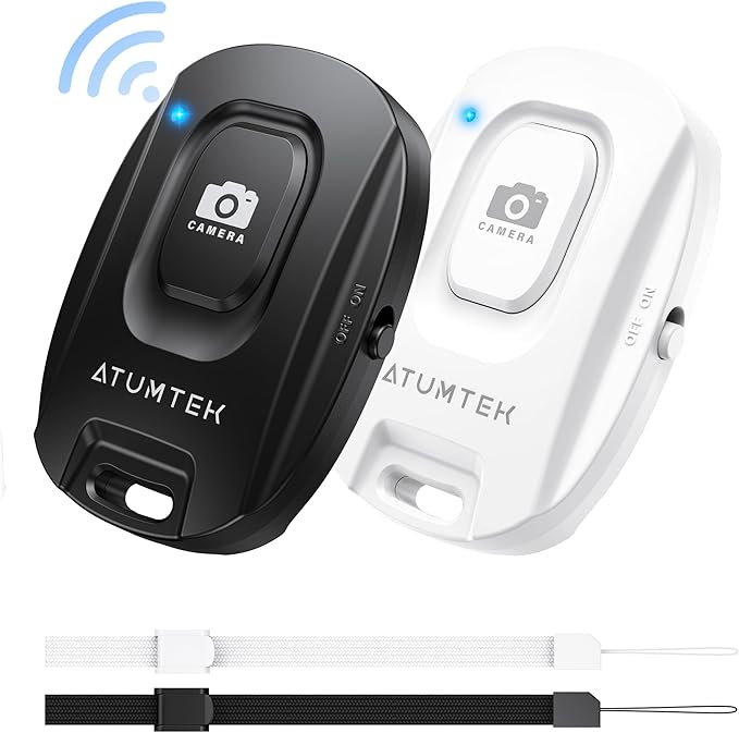 ATUMTEK Camera Remote Shutter for iPhone and Android Smartphones (2 Pack), Wireless Phone Remote Control Selfie Button for Photos and Videos (Bluetooth 5.2), Wrist Strap Included, Black & White