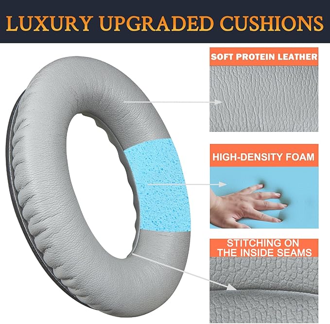 SoloWIT Replacement Earpads Cushions for Bose QuietComfort 35 (QC35) & Quiet Comfort 35 II (QC35 ii) Headphones, Ear Pads with Softer Leather, Noise Isolation Foam, Added Thickness (Grey)