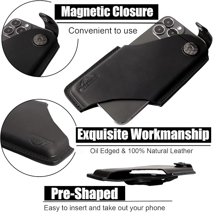 Topstache Leather Belt Phone Holster with Magnetic Closure, Case for iPhone & Samsung, Black, Large