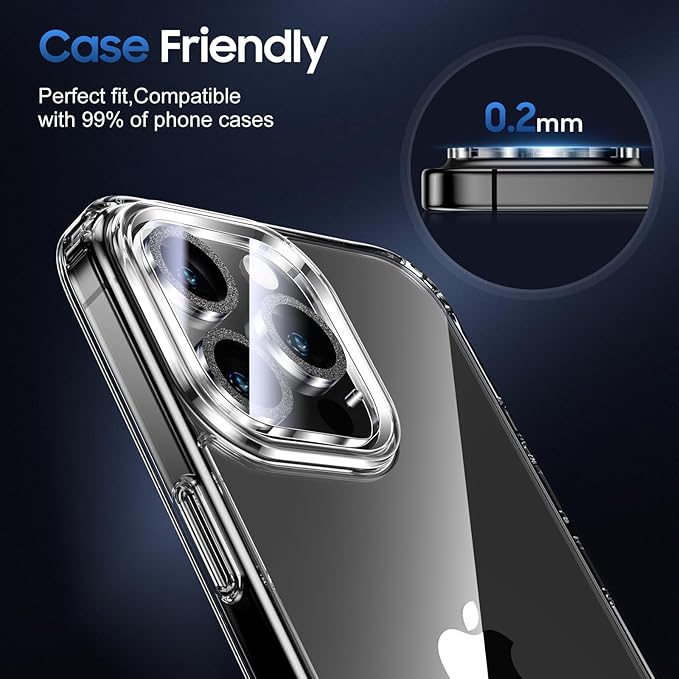 UniqueMe for 3 Pack iPhone 15 Pro/iPhone 15 Pro Max Camera Lens Protector, [Drop Protection] [Case Friendly] 9H Tempered Glass Camera Cover Screen [Update New Version] - Glitter Black
