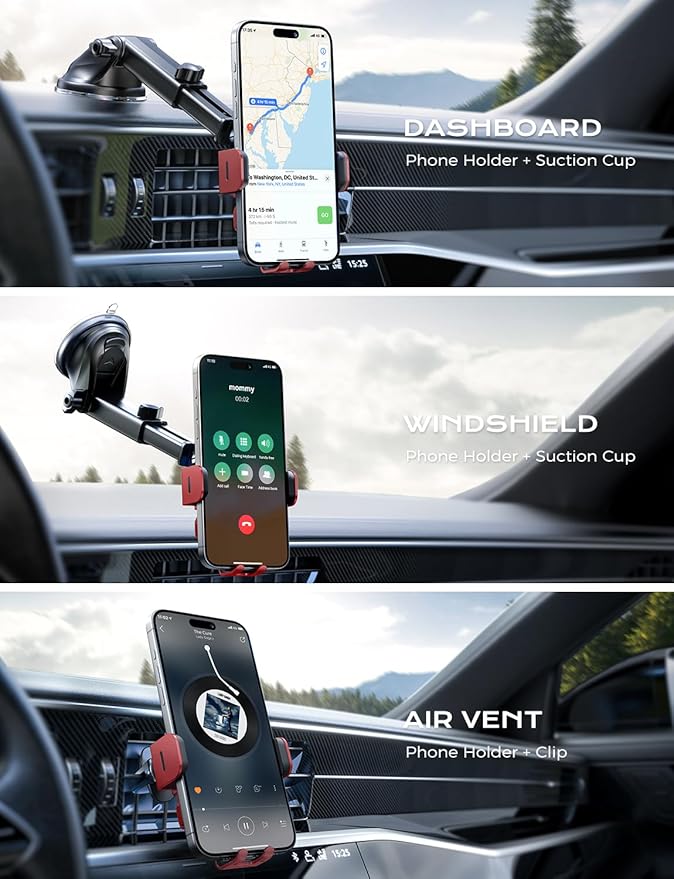 CHGeek Wireless Car Charger, 15W Fast Charging Auto Clamping Car Charger Phone Mount Phone Holder fit for iPhone 15 14 13 12 11 Pro Max Xs, Samsung Galaxy S25 Ultra S24 S23 S22, S21, S20, Red