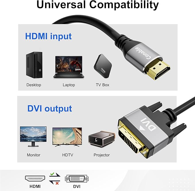 HDMI to DVI Cable 4FT, Bi-Directional DVI to HDMI Male to Male Cord, HDMI A to DVI-D Adapter, Gold-Plated Connectors, Aluminum Shells, 1080P, for Computer, Monitor, Projector, Raspberry Pi, Xbox, PS3
