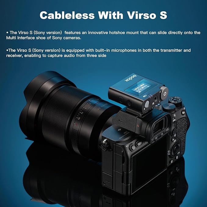 GODOX 【2025 Latest Model】 Virso S M2 Wireless Lavalier Microphone System, Mic Kit for Sony Camera with Sony Hot Shoe,2.4GHz Dual Channel Screen Rotation Noise Cancelling for Interview,Beginners