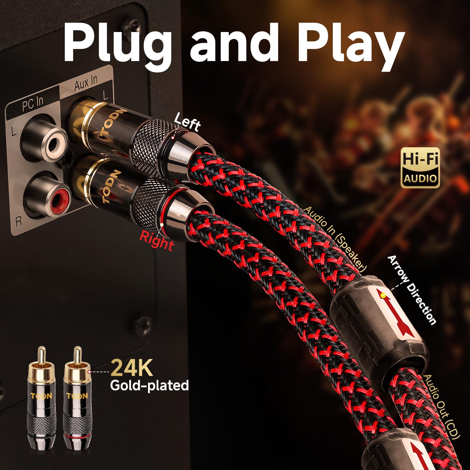TODN HiFi RCA Audio Cable Shielded Stereo Cord for Audiophile, 1.64ft