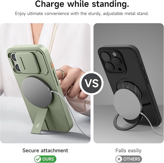 SURITCH for iPhone 15 Pro Case with Magnetic Camera Slide Cover and Adjustable Kickstand, Compatible with MagSafe, Shockproof Bumper Case Slim Protective Cover 6.1 Inch, Green