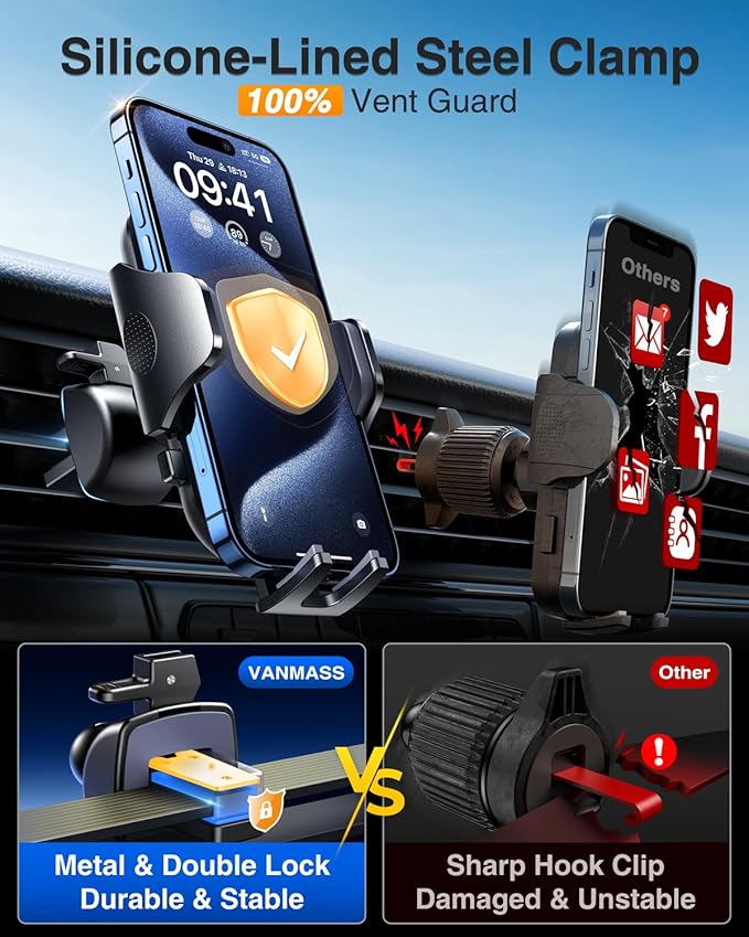 VANMASS Universal Car Phone Holder 2025【Strongest Suction & Military-Grade】Phone Holders for Your Car Windshield Dashboard Vent with【Patent & Safety Certs】Cell Phone Mount for iPhone Samsung Android