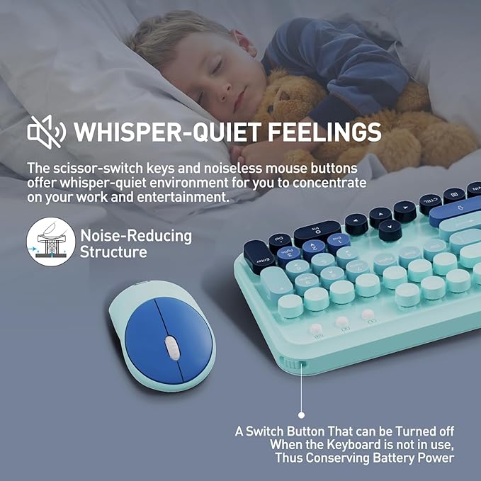 Wireless Keyboard and Mouse Set, 104 Round Keys Full-Size Cute Colorful Keyboard and Mouse with Retro Typewriter for PC/Mac/Laptop/Tablet/Computer/Windows Blue