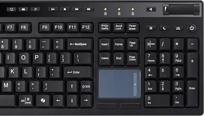 ADESSO Wireless Keyboard with Touchpad 104 Key Full Size USB Dongle Receiver Multi OS Support Works with MacOs System & Multimedia Hotkeys Volume Control with Scroll Wheel WKB-4450UB