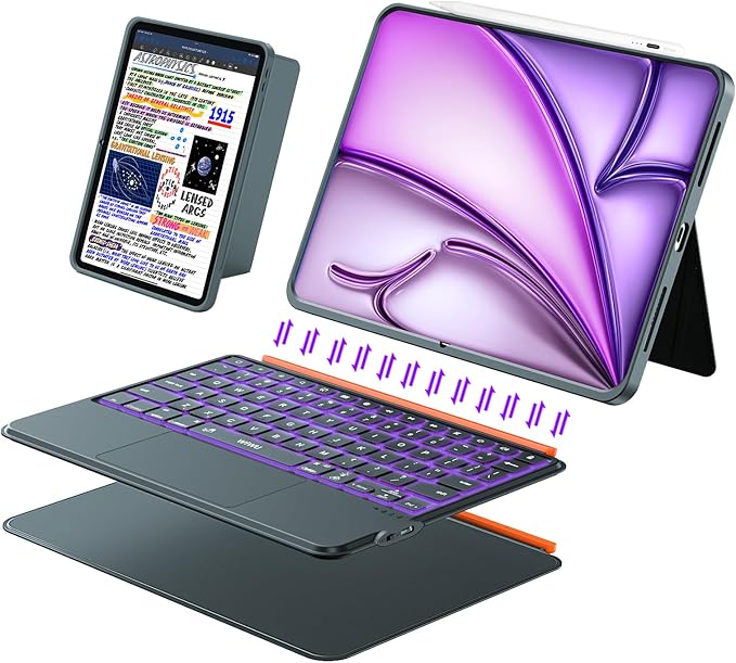 iPad Air 13 inch Case Keyboard (M3 M2, 2025 2024),Wireless iPad Keyboard for Pro 12.9 inch 6/5/4/3rd Gen,Magnetic Detachable with Trackpad,7-Color Backlit,Landscape/Portrait,Adjustable Stand (Gray)