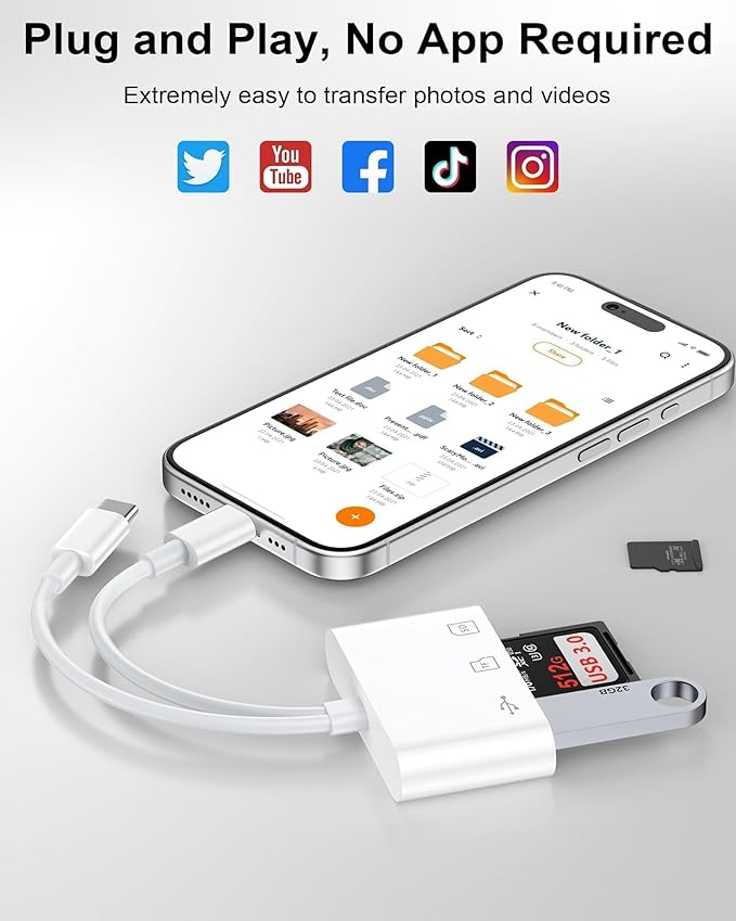 SD Card Reader for iPhone/iPad/Mac, USB C and Lightning Dual Port Memory Card Adapter, 3-in-1 Camera SD Card Viewer Support SD, Micro SD, USB 3.0 Slot, Digital Camera Adapter for Samsung and Android