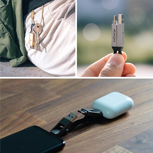 Rolling Square inCharge 6 - Keychain USB C Charger Cable, Lightning Cable and Micro-USB for Smartphone, Universal Cable Charger 6 in 1, USB Plug, 15W, Gray