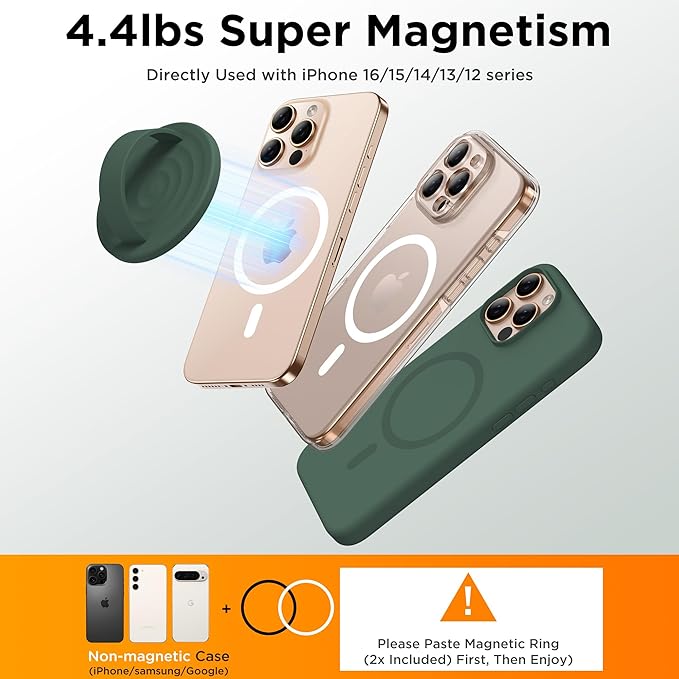 Magnetic Phone Ring Grip Holder, Silicone Finger Loop Grip, Compatible with MasSafe, Back of Phone for iPhone Pro Max/Plus/16/15/15/14/13/12 Series, Alpine Green