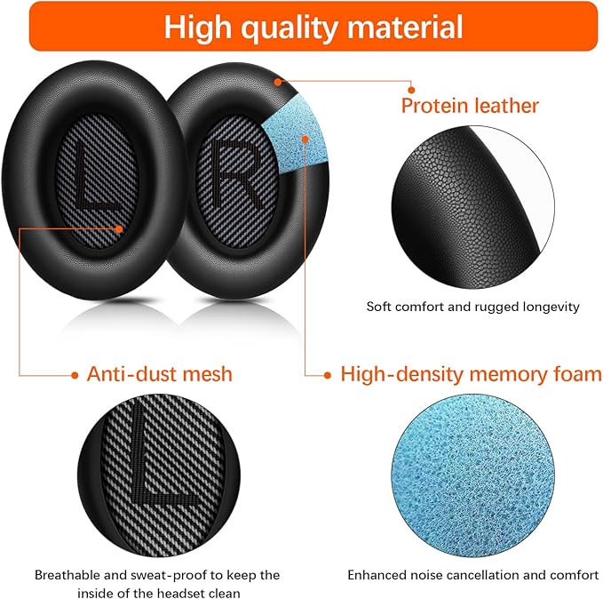Replacement Ear Pads for Bose QC45/35/25/15/QC2/Ae2/Ae2W/Sound Link/Sound True Headphones,Softer Leather,Noise Isolation Memory Foam,Added Thickness,Durability,Quiet Comfort (Black, a Pair)