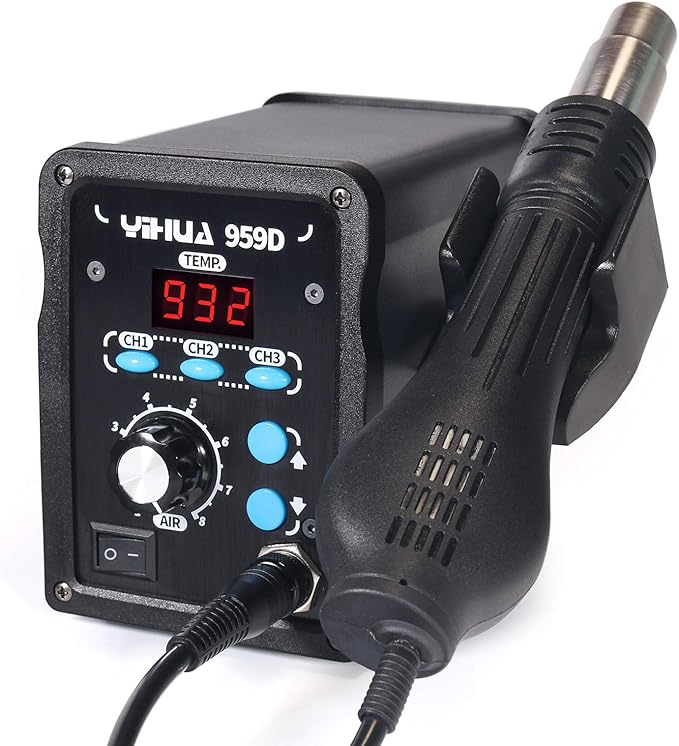 YIHUA 959D-Digital Hot Air Rework Station, High Power with 3 Memories, Airflow Efficiency, °F /°C Display, Accurate Temp.(212°F~932°F), Brushed Aluminum Panel & Safety Features