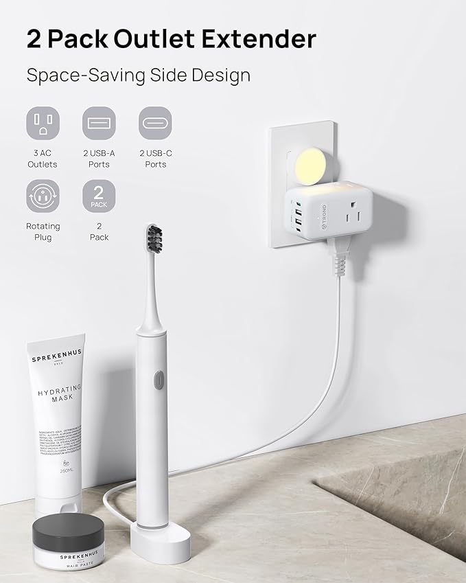 TROND Multi Plug Outlet Extender 2 Pack, 3 Way Outlet Splitter with 360 Rotating Plug, PD 20W USB C Charger Station, Sideways Adapter for Kitchen Bathroom Cruise Ship Travel Essentials