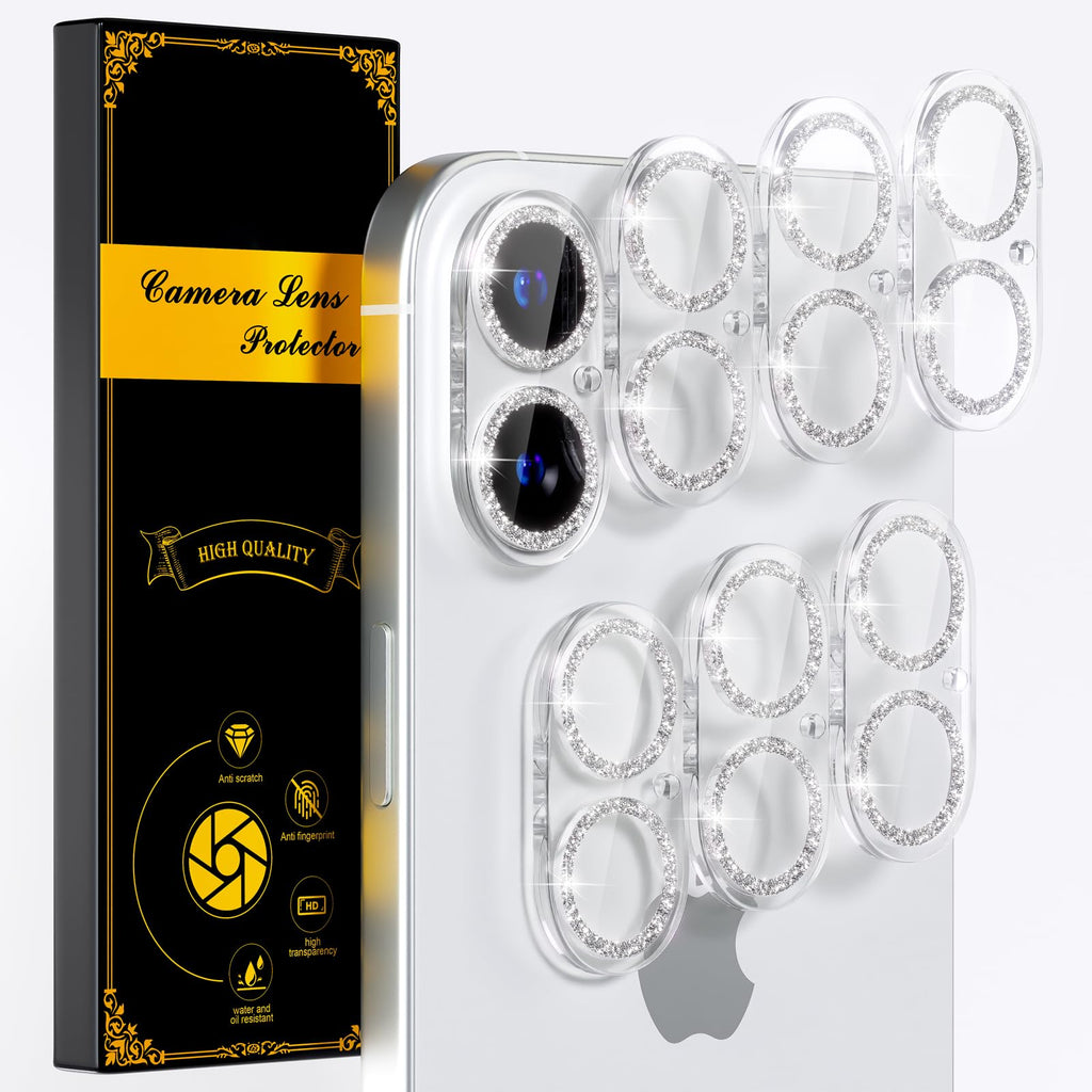 beuxece for 6 Pack iPhone 17 / iPhone 16 / iPhone 16 Plus Camera Lens Protector [Drop Protection] [Easy Installation] 9H Tempered Glass Camera Screen Protector Cover Accessories, Glitter Silver