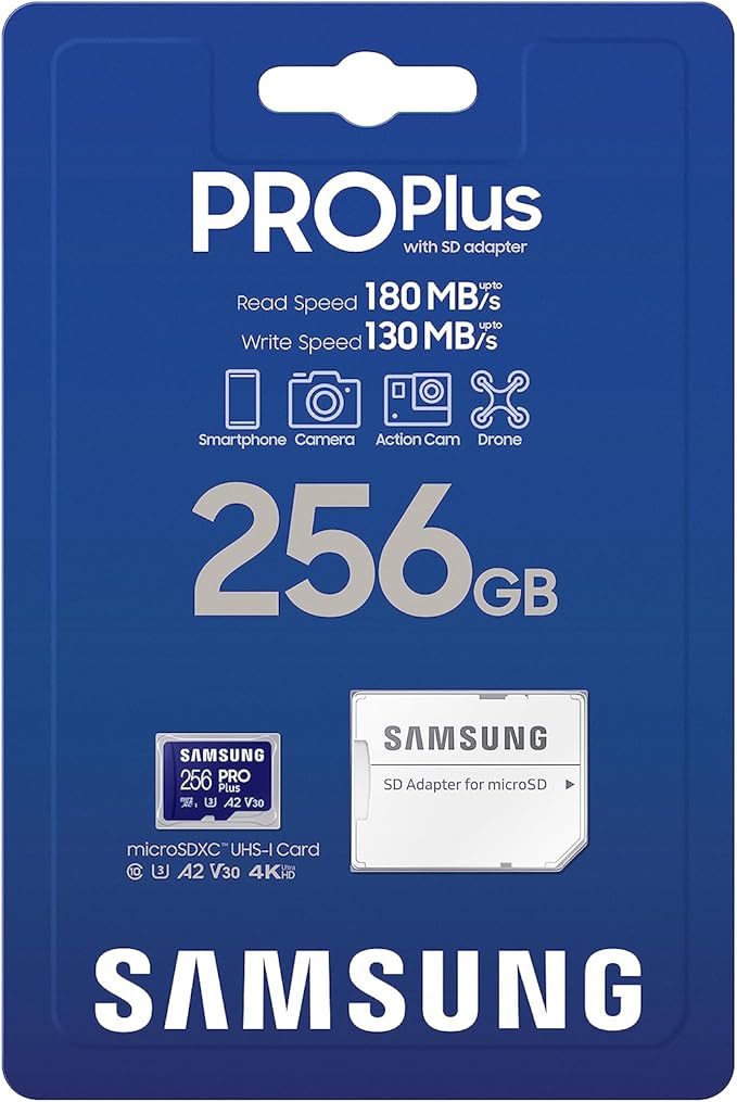 Samsung PRO Plus microSD Memory Card + Adapter, 256GB microSDXC, Up to 180 MB/s, Full HD & 4K UHD, UHS I, C10, U3, V30, A2, for Android Smartphones, Tablets, GoPRO, and DJI Drone (MB MD256SA/AM)
