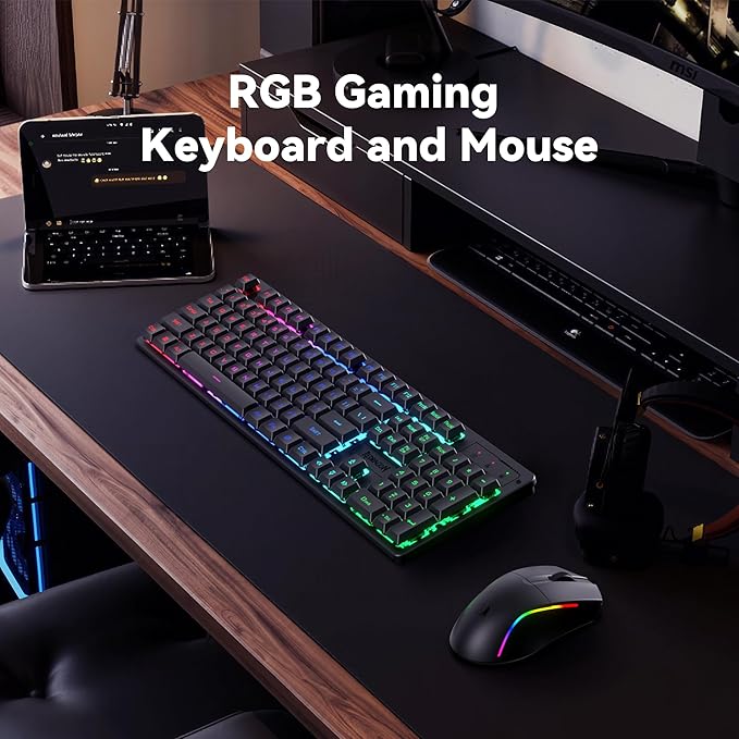 Redragon S107KS Wireless Gaming Keyboard and Mouse, RGB Backlit, 3 Mode (Wired/2.4G/BT), Up to 10,000 DPI Gaming Mouse with Software, Ultra Lightweight 65g, 25 Key Anti-Ghosting Keyboard for PC