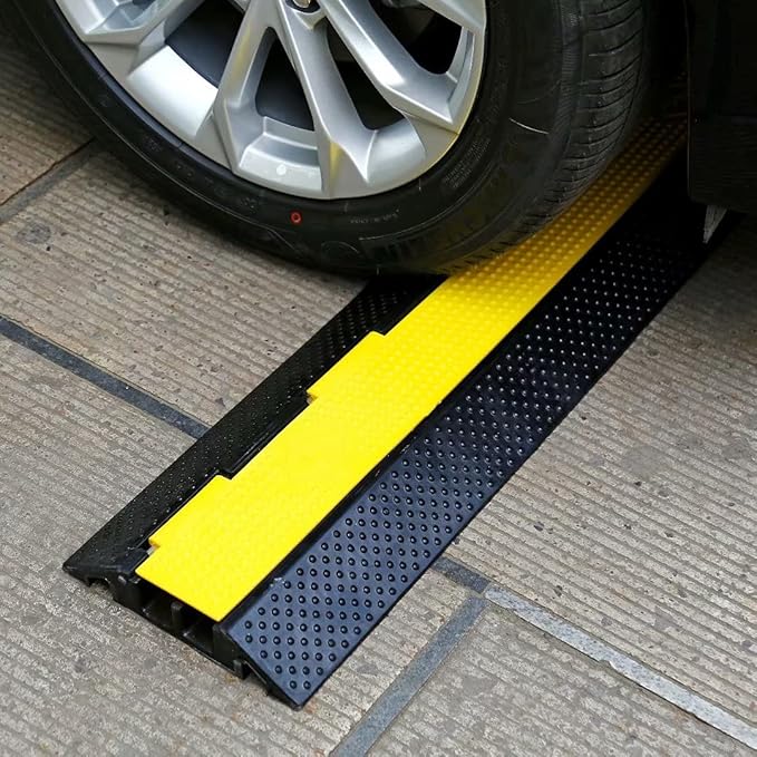 Rubber Cable Ramp Cord Cover Cable Protector Ramps Wire Hose Protective 2 Channel 22000Lbs Load Capacity Traffic Speed Bump for Asphalt Concrete Gravel Driveway Indoor Outdoor, 4 Pack