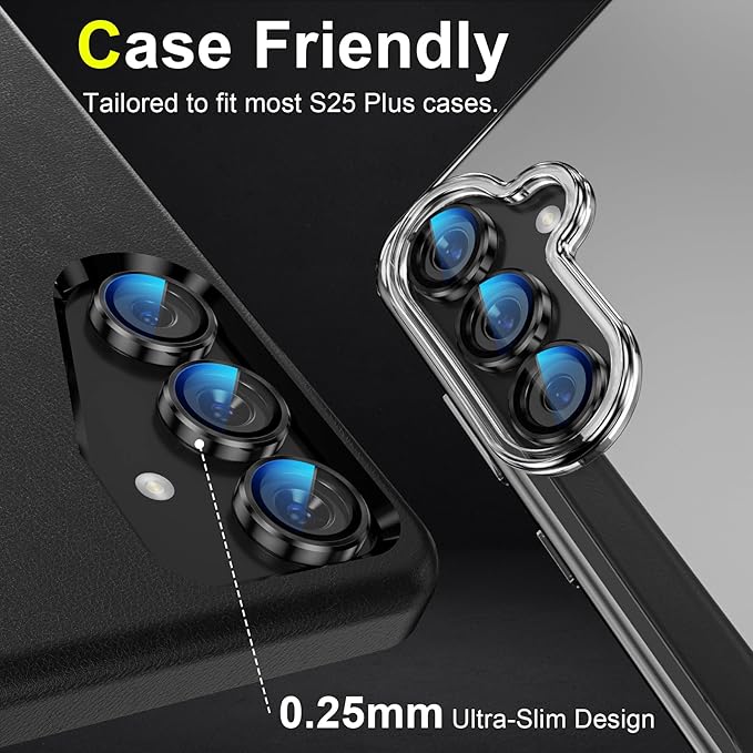 YWXTW Camera Lens Protector for Samsung Galaxy S25+ Plus Accessories [1:1 Fit & Ultra Clarity] 9H Tempered Glass Metal Individual Ring Camera Cover Screen Protector, Case Friendly (Black)