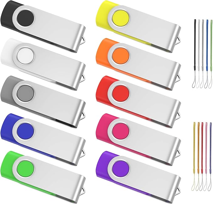 ABLAZE 8GB Flash Drive 10 Pack, USB 2.0 Memory Stick with Lanyards Swivel Thumb Drives Bulk 8GB Pendrive U Disk for Data Storage (Mixcolors)