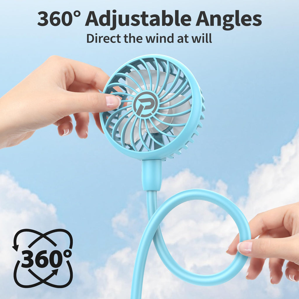 Portable Neck Fan, 2600mAh Battery Operated, Ultra Quiet Hands Free USB Fan with 3 Speeds, Strong Wind, 360° Adjustable High Flexibility Wearable Personal Fan for Sport Office Outdoor Travel-Cyan