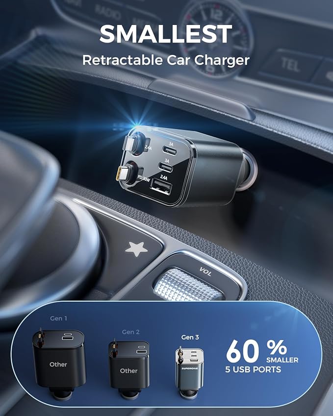 【2025 Ultra-Compact】 SUPERONE Retractable Car Charger, 5 in 1 Car Phone Charger with 84W Fast Charging Cables, Car Accessories Adapter for iPhone 16/15/14/13/12/11, Galaxy, Pixel
