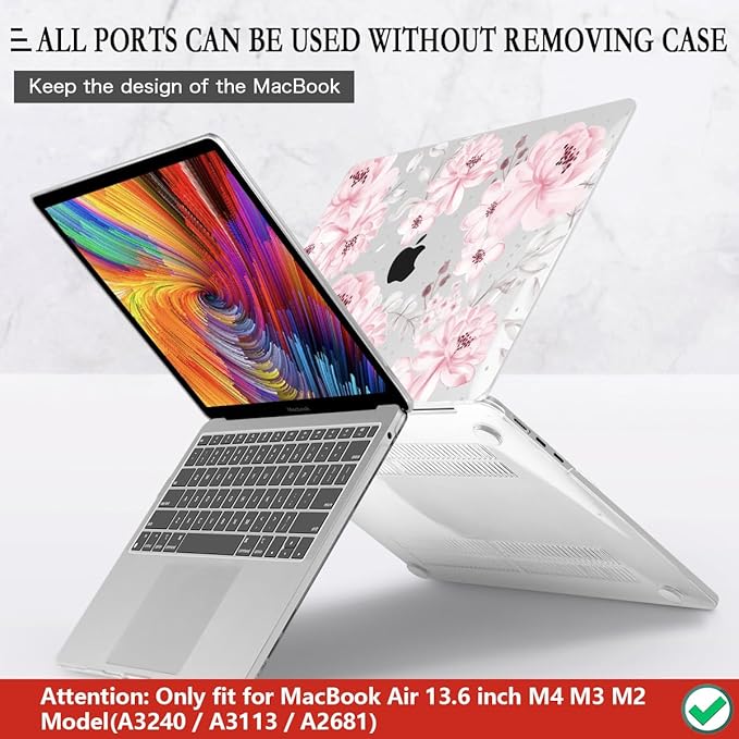 CISSOOK Compatible with MacBook Air 13.6 inch Case M4 M3 M2 Chip 2025 2024 2023 2022 Release, Plastic Hard Shell Case Keyboard Cover Screen Protector for Mac Air 13 A3240 A3113 A2681, Cute Pink Flower