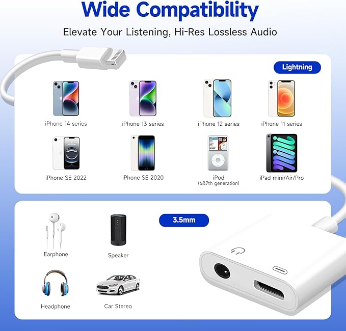 [Apple MFi Certified] 2-in-1 Charging & Audio Adapter for iPhone, Lightning to 3.5mm Headphone Jack Dongle Splitter, Supports Hi-Res Lossless Sound, Compatible with iPhone 14/13/12/11/XS/XR/8/7 2Pack