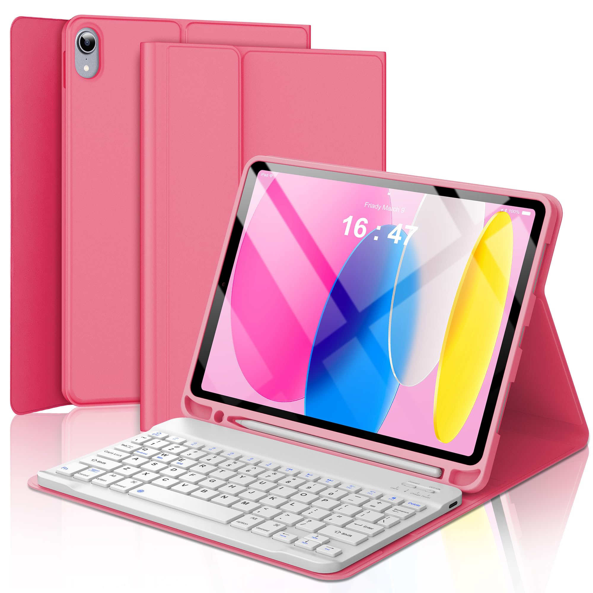 Keyboard Case for iPad 10th Generation 2022 10.9-inch - Rechargeable Detachable Wireless Bluetooth Keyboard - Smart Folio Cover with Pencil Holder for 10.9 inch Apple iPad 10th Generation, Red