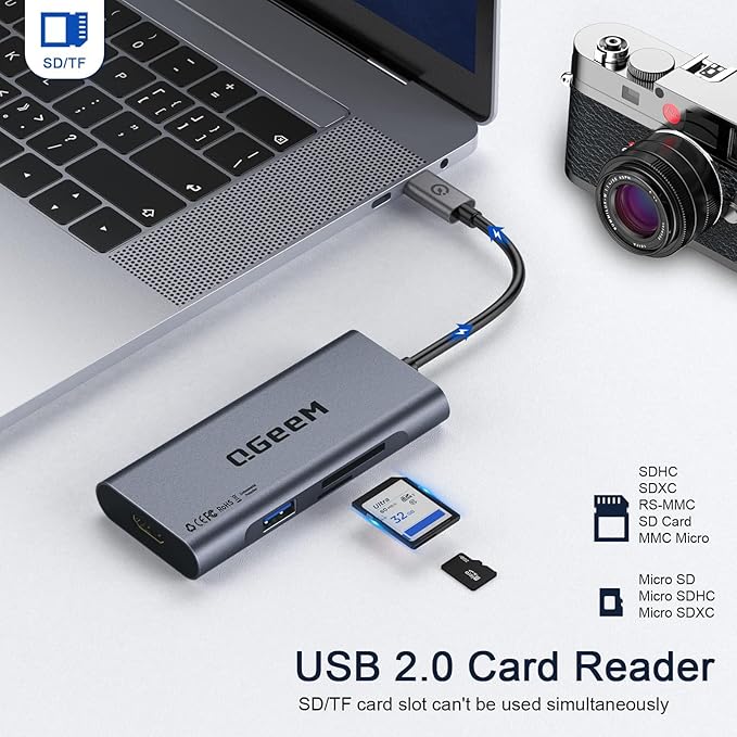 USB C Hub, QGeeM USB 4k to HDMI Adapter, 7 in 1 USB-C Dongle with 100W PD,USB 3.0, Card Reader, Compatible for MacBook iPhone 15/16 Ipad Pro max,Chromebook Laptop USB Type C Dock-Classic Grey