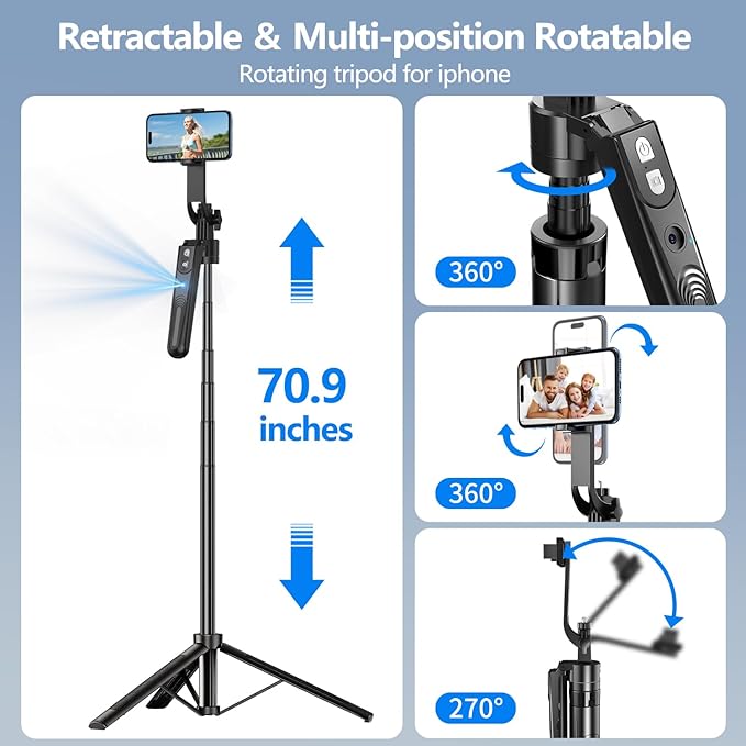 Auto Face Tracking Tripod with 360 Rotation Stand, 70.9" Ai Motion Tracking, Selfie Stick Rotation with Remote, Motion Sensor Phone Stand, for Vlog/Live Stream/Video Recording