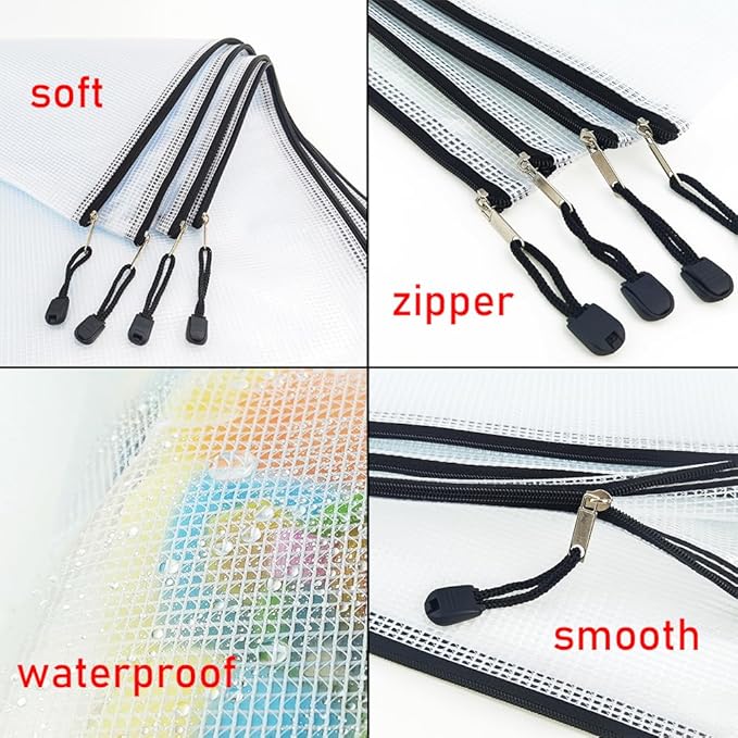 AUSTARK 20 Pcs Zipper File Bags, Plastic Mesh Pouch, Board Game Storage Bag, Waterproof Bags for Office School (Multi-Size, White and Black)