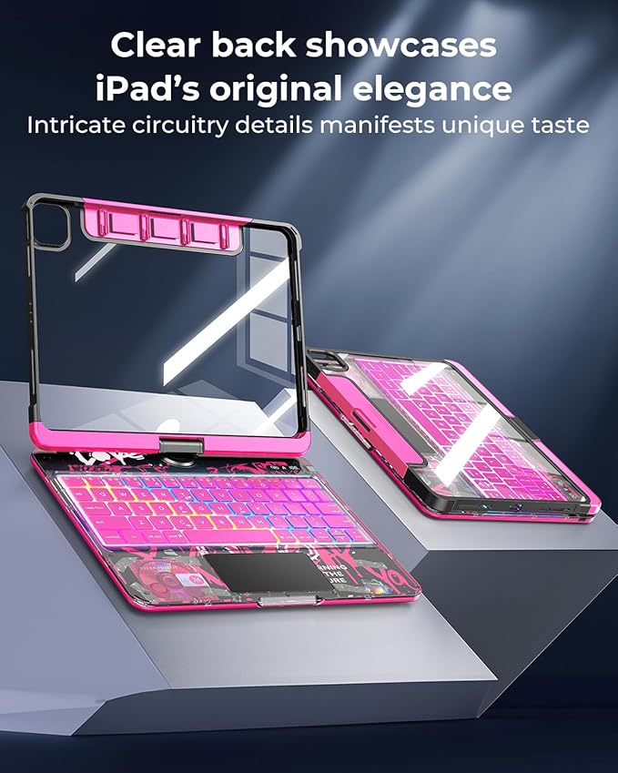 SIBEITU Keyboard Case for iPad A16 11th Gen 11" 2025 & 10th Gen 10.9" 2022, Clear Wireless Keyboard Protective Cover with Multi-Touch Trackpad, 7-Color Backlight & 3-Brightness, 360 Rotatable, Pink