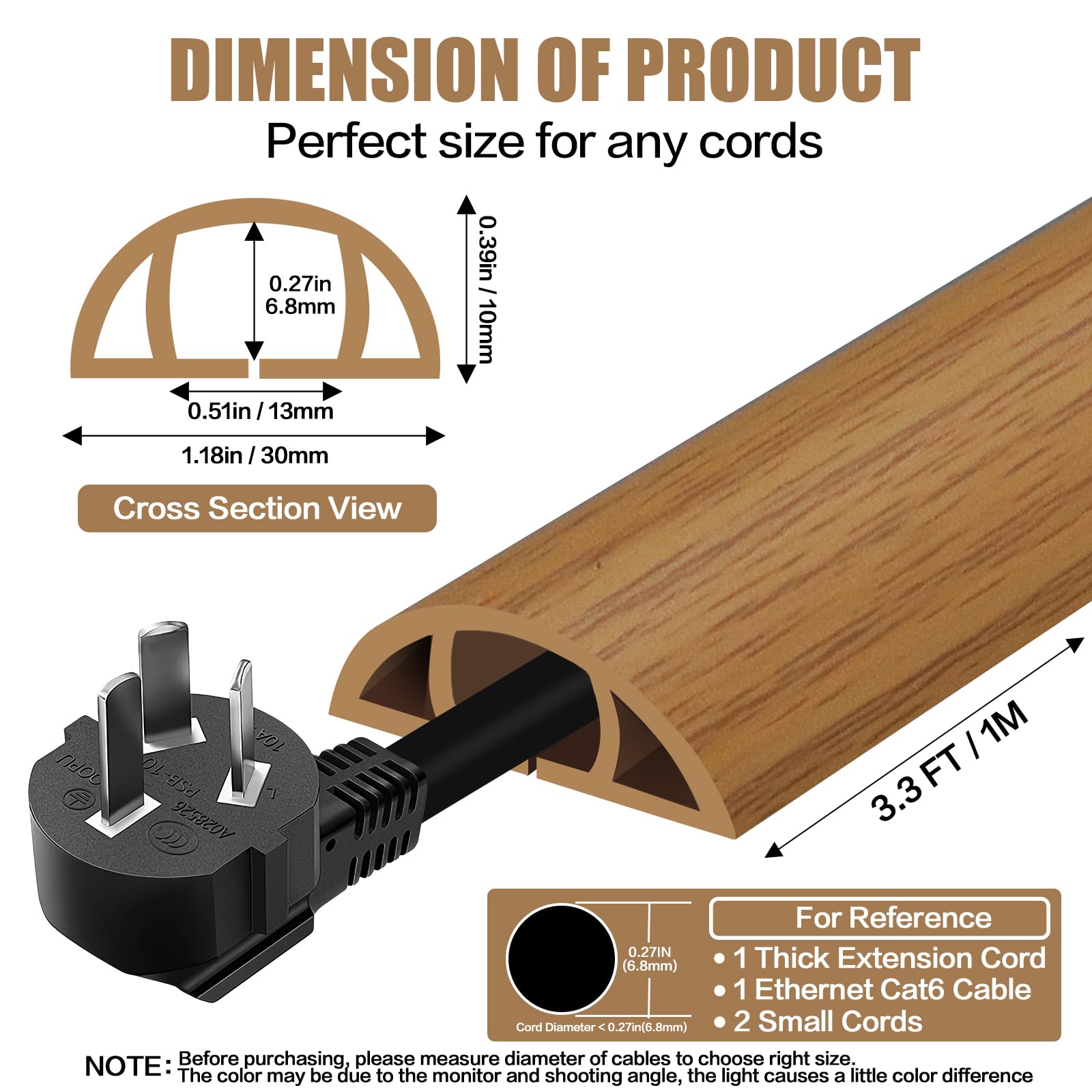 Floor Cord Cover Self Adhesive Cord Hider,3.3FT Cable Management, Extension Strip Protector for Wires, Prevent Cable Trips for Offices, Gyms, Exhibitions Cavity:0.39"(W) x 0.27"(H) Brown Wood