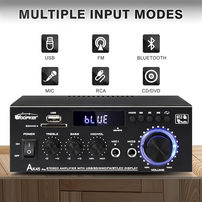 AK45Pro Stereo Receivers Amplifier Home Audio with Bluetooth 5.3, 400W,2.0 Channel Power Stereo Amplifier with USB,SD,RCA,FM,2MIC in for Home Theater Speakers,Home Amplifier with Remote Control