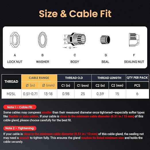 QILIPSU 6pcs M25L Long Thread Cable Gland Waterproof IP68 Nylon Strain Relief Cord Grip Cable Pass Through Wire Connector