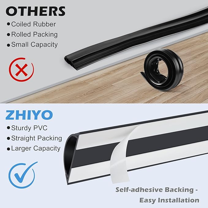 ZhiYo Cord Hider Floor 68in(4xL17in), Rigid PVC Floor Cord Cover, Hard PVC Floor Wire Cover, Floor Cable Cover for Cable Management Floor, Cable Floor Cover Black, Cord Cavity - 1in W x 0.35in H