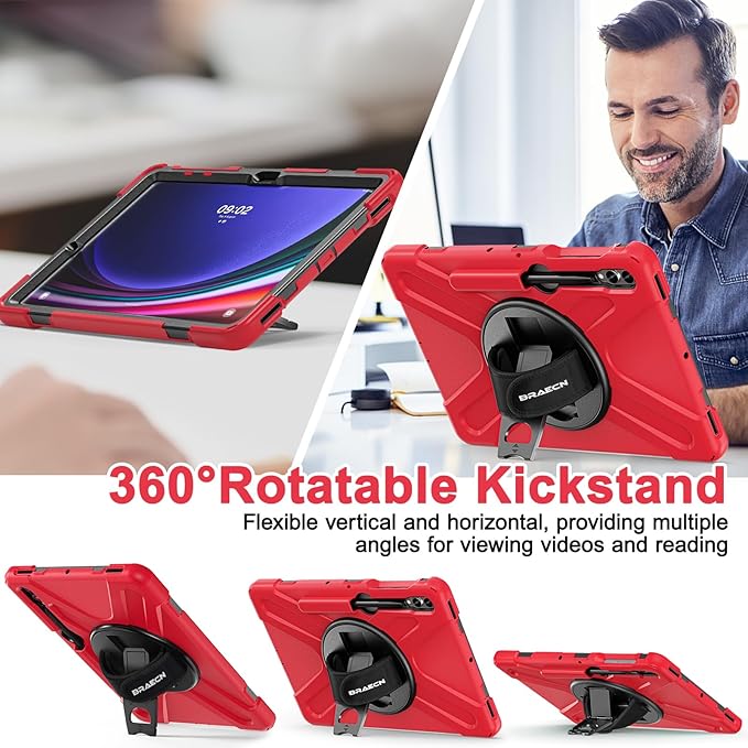 BRAECN for Galaxy Tab S10 Plus/S9 FE+/S9+/S7+/S8+/S7 FE 12.4 inch Case,Heavy Duty Shockproof Case with Carrying Shoulder Strap, S Pen Holder, Kickstand, Hand Strap for Samsung Galaxy Tab S10+-Red