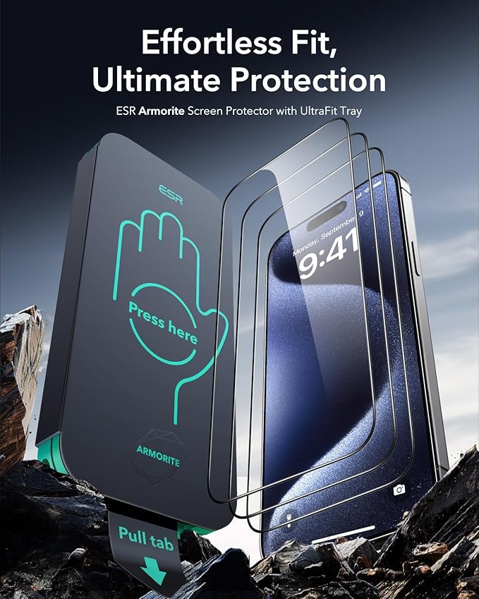 ESR 3 Pack 9H+ Glass for iPhone 15 Pro Screen Protector, [Military Grade Shatterproof & Longest Durable] Armorite Ultra-tough Full Coverage Tempered Glass with UltraFit Tray