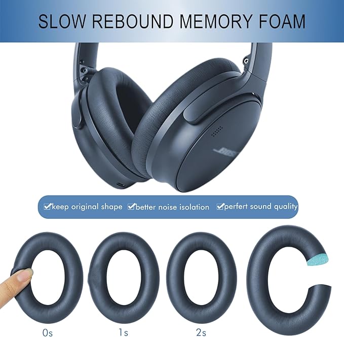 GEVO Replacement Ear Pads for Bose QC45, Ear Cushions for Bose QuietComfort 45 (QC45) & Quiet Comfort SE (QC SE) Headphones, Earpads with Softer Leather Noise Isolation Foam (Blue)