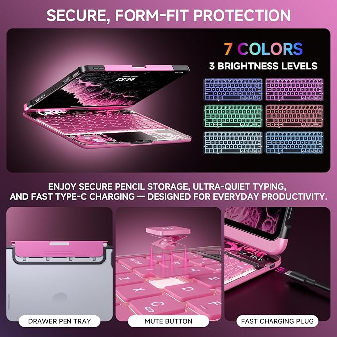 Transparent Case with Keyboard for 2024 iPad Pro 13 inch (M4), iPad Pro 13,7-Color Backlit,Magic Wireless Keyboard, 360°Rotating,Multi-Touch trackpad,Pencil Holder,with Shortcuts,Pink