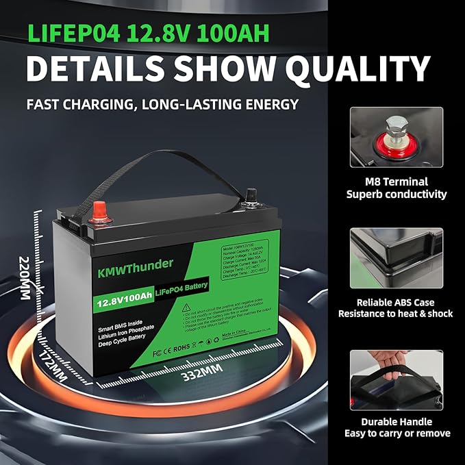 12V 100Ah LiFePO4 Lithium Battery, Built-in Smart BMS, Low Temperature Protection Group Deep Cycle Battery for Trolling Motor, RV, Solar, Marine, Camping and Off Grid Applications