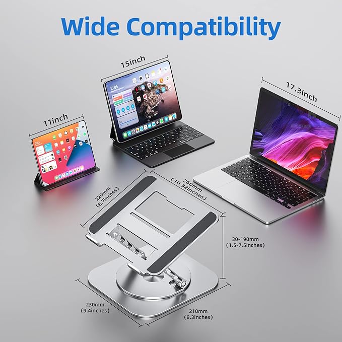 Adjustable Laptop Stand for Desk, Ergonomic Riser with 360° Rotating Base, Foldable Notebook Computer Holder Compatible MacBook Air Pro, Dell XPS, More 10-17" Laptops, Silver